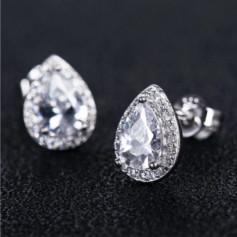 New Delicate Water Drop Diamond Beautiful Pear Stud Earrings for Women - Picture 7 of 8